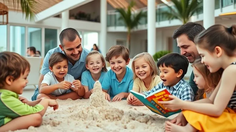 A photorealistic, professional photography, 8K, cinematic lighting, sharp focus, depth of field, shot on a high-end DSLR, showing a diverse group of happy children and their parents interacting joyfully in a bright, modern resort setting, with different age groups engaged in various activities like building sandcastles, playing board games, and listening to a storyteller. The scene should convey a sense of family togetherness, safety, and engagement. A photorealistic, professional photography, 8K, cinematic lighting, sharp focus, depth of field, shot on a high-end DSLR, showing a diverse group of happy children and their parents interacting joyfully in a bright, modern resort setting, with different age groups engaged in various activities like building sandcastles, playing board games, and listening to a storyteller. The scene should convey a sense of family togetherness, safety, and engagement.