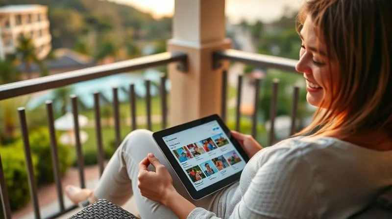 A photorealistic, professional photography, 8K, cinematic lighting, sharp focus, depth of field, shot on a high-end DSLR, depicting a smiling parent, possibly a mother, sitting comfortably on a resort balcony overlooking a scenic view, happily browsing a resort's child activity program schedule on a sleek tablet. The screen clearly shows vibrant images of children engaged in various activities and easy booking options, conveying a sense of convenience and anticipation. A photorealistic, professional photography, 8K, cinematic lighting, sharp focus, depth of field, shot on a high-end DSLR, depicting a smiling parent, possibly a mother, sitting comfortably on a resort balcony overlooking a scenic view, happily browsing a resort's child activity program schedule on a sleek tablet. The screen clearly shows vibrant images of children engaged in various activities and easy booking options, conveying a sense of convenience and anticipation.