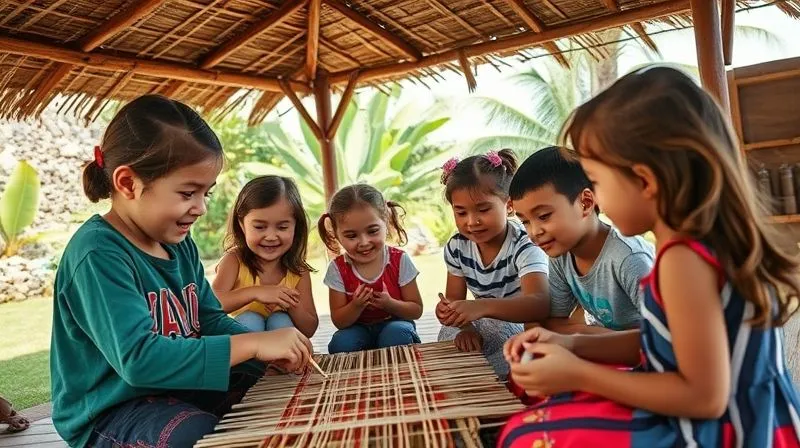 A photorealistic, professional photography, 8K, cinematic lighting, sharp focus, depth of field, shot on a high-end DSLR, showing children enthusiastically participating in an outdoor, local-culture inspired activity at a resort, such as learning traditional weaving with a local artisan under a shaded pergola, or engaged in a guided nature walk discovering local flora and fauna. The image should convey authenticity, cultural immersion, and joyful learning. A photorealistic, professional photography, 8K, cinematic lighting, sharp focus, depth of field, shot on a high-end DSLR, showing children enthusiastically participating in an outdoor, local-culture inspired activity at a resort, such as learning traditional weaving with a local artisan under a shaded pergola, or engaged in a guided nature walk discovering local flora and fauna. The image should convey authenticity, cultural immersion, and joyful learning.