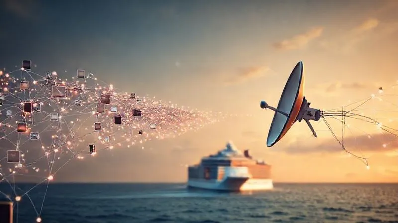 photorealistic, professional photography, 8K, cinematic lighting, sharp focus, depth of field, shot on a high-end DSLR. A network diagram showing data packets struggling to pass through a narrow bottleneck, with many digital devices (laptops, phones) on one side and a single satellite dish on the other, symbolizing high demand and limited supply. The background subtly features a cruise ship on the ocean. photorealistic, professional photography, 8K, cinematic lighting, sharp focus, depth of field, shot on a high-end DSLR. A network diagram showing data packets struggling to pass through a narrow bottleneck, with many digital devices (laptops, phones) on one side and a single satellite dish on the other, symbolizing high demand and limited supply. The background subtly features a cruise ship on the ocean.