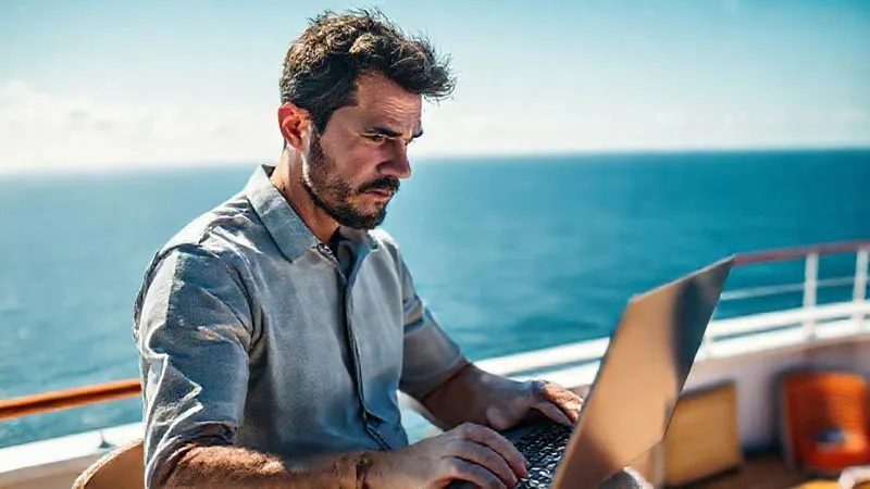 photorealistic, professional photography, 8K, cinematic lighting, sharp focus, depth of field, shot on a high-end DSLR. A person on a cruise ship deck, looking at a laptop with a spinning loading icon, expressing mild frustration. In the background, the vast, open ocean stretches to the horizon, emphasizing the isolation and dependence on technology. The light is bright and sunny, highlighting the screen's struggle. photorealistic, professional photography, 8K, cinematic lighting, sharp focus, depth of field, shot on a high-end DSLR. A person on a cruise ship deck, looking at a laptop with a spinning loading icon, expressing mild frustration. In the background, the vast, open ocean stretches to the horizon, emphasizing the isolation and dependence on technology. The light is bright and sunny, highlighting the screen's struggle.