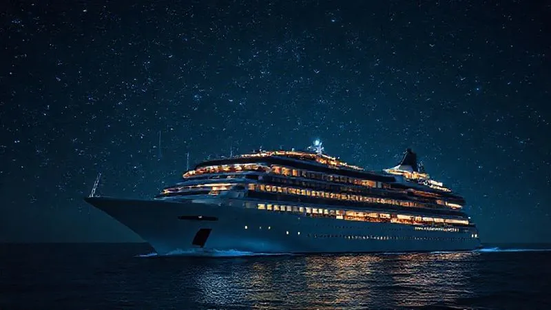 photorealistic, professional photography, 8K, cinematic lighting, sharp focus, depth of field, shot on a high-end DSLR. A futuristic cruise ship sailing under a night sky filled with a dense constellation of small, glowing satellites, with subtle, ethereal blue data streams connecting the ship to the satellite network. The overall impression is advanced technology and seamless global connectivity. photorealistic, professional photography, 8K, cinematic lighting, sharp focus, depth of field, shot on a high-end DSLR. A futuristic cruise ship sailing under a night sky filled with a dense constellation of small, glowing satellites, with subtle, ethereal blue data streams connecting the ship to the satellite network. The overall impression is advanced technology and seamless global connectivity.