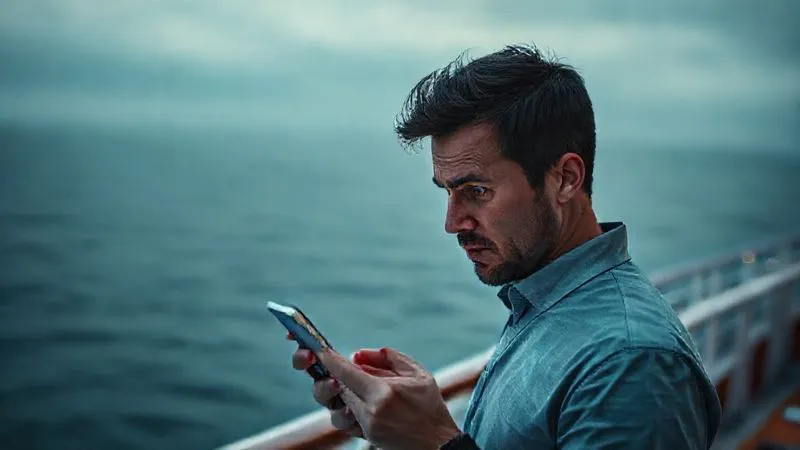 photorealistic, professional photography, 8K, cinematic lighting, sharp focus, depth of field, shot on a high-end DSLR. A person looking exasperated at a mobile phone screen displaying a 'No Internet Connection' error, while standing on a cruise ship deck. The vast, empty ocean stretches behind them, emphasizing the feeling of isolation and lack of connectivity. The lighting is slightly dramatic, highlighting the person's frustration. photorealistic, professional photography, 8K, cinematic lighting, sharp focus, depth of field, shot on a high-end DSLR. A person looking exasperated at a mobile phone screen displaying a 'No Internet Connection' error, while standing on a cruise ship deck. The vast, empty ocean stretches behind them, emphasizing the feeling of isolation and lack of connectivity. The lighting is slightly dramatic, highlighting the person's frustration.