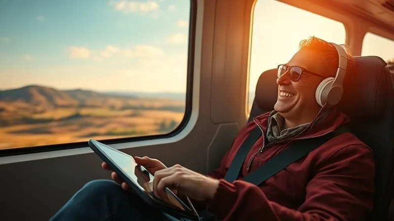 A photorealistic, professional photography, 8K, cinematic lighting, sharp focus, depth of field, shot on a high-end DSLR image of a traveler smiling, looking relaxed while watching a movie on a tablet, with headphones on, as a beautiful, blurred landscape passes outside the train window. The mood is one of contented self-sufficiency and prepared entertainment. A photorealistic, professional photography, 8K, cinematic lighting, sharp focus, depth of field, shot on a high-end DSLR image of a traveler smiling, looking relaxed while watching a movie on a tablet, with headphones on, as a beautiful, blurred landscape passes outside the train window. The mood is one of contented self-sufficiency and prepared entertainment.