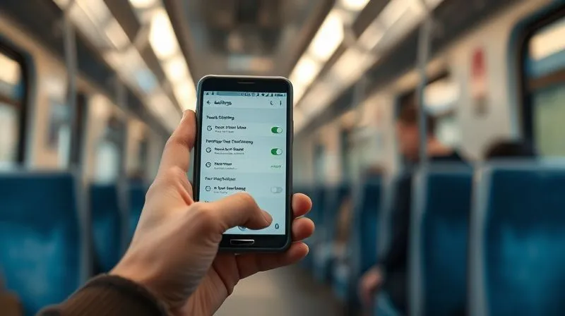 A photorealistic, professional photography, 8K, cinematic lighting, sharp focus, depth of field, shot on a high-end DSLR image of a person's hands gently holding a smartphone, with the screen displaying network settings or Wi-Fi options. The background is a soft blur of a train interior, suggesting focus on optimizing the device for the journey. The lighting is natural and inviting. A photorealistic, professional photography, 8K, cinematic lighting, sharp focus, depth of field, shot on a high-end DSLR image of a person's hands gently holding a smartphone, with the screen displaying network settings or Wi-Fi options. The background is a soft blur of a train interior, suggesting focus on optimizing the device for the journey. The lighting is natural and inviting.