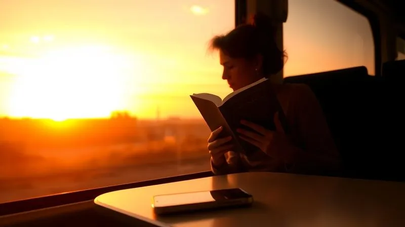 A photorealistic, professional photography, 8K, cinematic lighting, sharp focus, depth of field, shot on a high-end DSLR image of a person silhouetted against a vibrant sunset seen through a train window, holding a physical book, with a sense of peace and contemplation. Their phone is visibly placed face down on the table, indicating a deliberate disconnect. The mood is serene and appreciative of the journey. A photorealistic, professional photography, 8K, cinematic lighting, sharp focus, depth of field, shot on a high-end DSLR image of a person silhouetted against a vibrant sunset seen through a train window, holding a physical book, with a sense of peace and contemplation. Their phone is visibly placed face down on the table, indicating a deliberate disconnect. The mood is serene and appreciative of the journey.