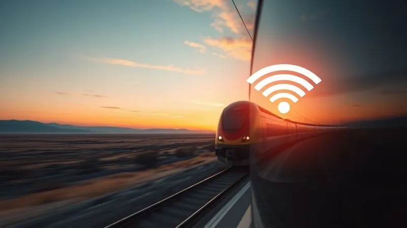 A photorealistic, professional photography, 8K, cinematic lighting, sharp focus, depth of field, shot on a high-end DSLR image of a modern, high-speed train speeding through a breathtaking, expansive landscape at sunset. A subtle, ethereal overlay of a strong, glowing Wi-Fi signal icon emanates from the train, symbolizing seamless connectivity amidst the vastness. The mood is empowering, futuristic, and adventurous, highlighting the blend of travel and technology. A photorealistic, professional photography, 8K, cinematic lighting, sharp focus, depth of field, shot on a high-end DSLR image of a modern, high-speed train speeding through a breathtaking, expansive landscape at sunset. A subtle, ethereal overlay of a strong, glowing Wi-Fi signal icon emanates from the train, symbolizing seamless connectivity amidst the vastness. The mood is empowering, futuristic, and adventurous, highlighting the blend of travel and technology.