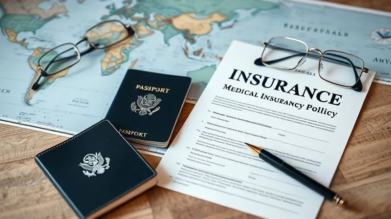 A photorealistic image of a travel insurance policy document open on a table next to a passport and a world map, with a pen and glasses. The document is in sharp focus, showing terms like 'Medical Evacuation' and 'Repatriation'. Professional photography, 8K, cinematic lighting, depth of field. A photorealistic image of a travel insurance policy document open on a table next to a passport and a world map, with a pen and glasses. The document is in sharp focus, showing terms like 'Medical Evacuation' and 'Repatriation'. Professional photography, 8K, cinematic lighting, depth of field.