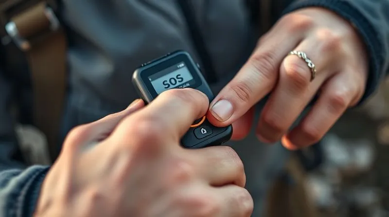 A photorealistic, close-up image of a hand pressing the SOS button on a compact satellite messenger device in a rugged, natural outdoor setting. The device is in sharp focus, with a faint glow from its screen. Professional photography, 8K, cinematic lighting, depth of field, shot on a high-end DSLR, conveying urgent communication. A photorealistic, close-up image of a hand pressing the SOS button on a compact satellite messenger device in a rugged, natural outdoor setting. The device is in sharp focus, with a faint glow from its screen. Professional photography, 8K, cinematic lighting, depth of field, shot on a high-end DSLR, conveying urgent communication.