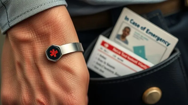 A photorealistic, close-up image of a hand wearing a medical alert bracelet, with a laminated 'In Case of Emergency' (ICE) card visible in a wallet nearby. The bracelet and card are in sharp focus, showing clear, concise emergency information. Professional photography, 8K, cinematic lighting, depth of field, shot on a high-end DSLR, emphasizing immediate vital information. A photorealistic, close-up image of a hand wearing a medical alert bracelet, with a laminated 'In Case of Emergency' (ICE) card visible in a wallet nearby. The bracelet and card are in sharp focus, showing clear, concise emergency information. Professional photography, 8K, cinematic lighting, depth of field, shot on a high-end DSLR, emphasizing immediate vital information.