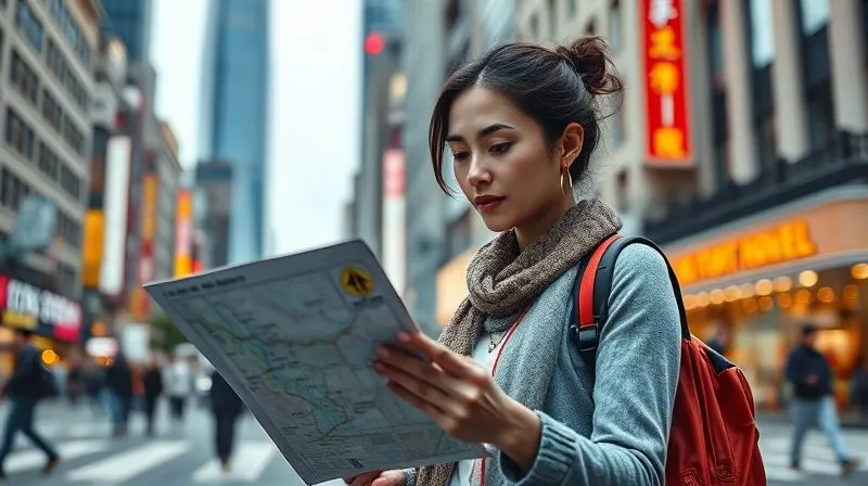 A photorealistic image of a solo traveler, a woman, standing at a crossroads in a bustling foreign city, looking thoughtfully at a map. Her expression is calm but focused, suggesting careful consideration and planning rather than panic. Professional photography, 8K, cinematic lighting, depth of field, shot on a high-end DSLR, conveying a prepared and confident mindset. A photorealistic image of a solo traveler, a woman, standing at a crossroads in a bustling foreign city, looking thoughtfully at a map. Her expression is calm but focused, suggesting careful consideration and planning rather than panic. Professional photography, 8K, cinematic lighting, depth of field, shot on a high-end DSLR, conveying a prepared and confident mindset.