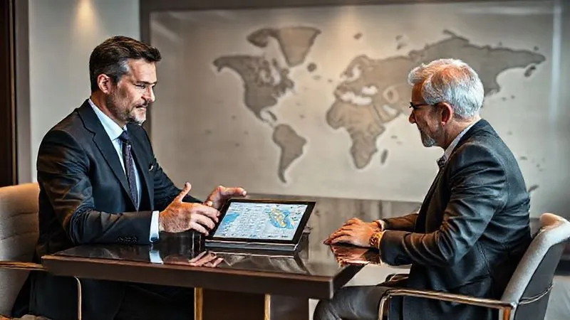 A professional, experienced luxury travel architect, dressed in a sharp suit, sits across an elegant desk from a discerning, well-traveled client. They are reviewing a sophisticated digital itinerary on a tablet, with a large world map subtly visible in the background. The architect is gesturing confidently, conveying expertise and reassurance. Photorealistic, professional photography, 8K, cinematic lighting, sharp focus on their interaction, depth of field blurring the background, shot on a high-end DSLR.