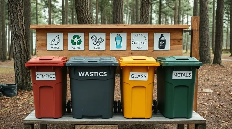 photorealistic, professional photography, 8K, cinematic lighting, sharp focus, depth of field, shot on a high-end DSLR. A meticulously organized, clearly labeled waste sorting station at a luxurious off-grid glamping site, showcasing separate bins for compost, plastics, glass, and metals. The station is made from sustainable materials and blends aesthetically with the natural, wooded background, emphasizing eco-friendly design and functionality. photorealistic, professional photography, 8K, cinematic lighting, sharp focus, depth of field, shot on a high-end DSLR. A meticulously organized, clearly labeled waste sorting station at a luxurious off-grid glamping site, showcasing separate bins for compost, plastics, glass, and metals. The station is made from sustainable materials and blends aesthetically with the natural, wooded background, emphasizing eco-friendly design and functionality.
