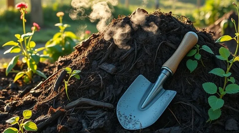 photorealistic, professional photography, 8K, cinematic lighting, sharp focus, depth of field, shot on a high-end DSLR. A lush, healthy compost pile at an off-grid glamping site, steaming gently on a cool morning, surrounded by thriving native plants. A pair of well-worn gardening gloves and a sturdy shovel rest nearby, indicating active and harmonious integration with nature. photorealistic, professional photography, 8K, cinematic lighting, sharp focus, depth of field, shot on a high-end DSLR. A lush, healthy compost pile at an off-grid glamping site, steaming gently on a cool morning, surrounded by thriving native plants. A pair of well-worn gardening gloves and a sturdy shovel rest nearby, indicating active and harmonious integration with nature.