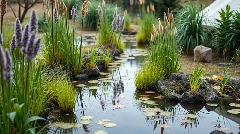 photorealistic, professional photography, 8K, cinematic lighting, sharp focus, depth of field, shot on a high-end DSLR. A beautifully integrated, subtle constructed wetland system filtering greywater at a glamping site. Lush native plants thrive in the wetland, which blends seamlessly with the surrounding natural environment, demonstrating ecological engineering and sustainable water management. photorealistic, professional photography, 8K, cinematic lighting, sharp focus, depth of field, shot on a high-end DSLR. A beautifully integrated, subtle constructed wetland system filtering greywater at a glamping site. Lush native plants thrive in the wetland, which blends seamlessly with the surrounding natural environment, demonstrating ecological engineering and sustainable water management.