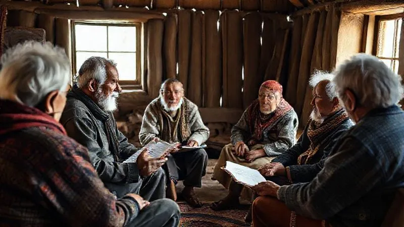 A photorealistic, professional photography shot of a small group of researchers and indigenous community elders sitting in a circle in a humble, light-filled community center, engaged in a serious yet respectful discussion. One elder is gesturing gently, while a researcher listens intently, a notebook open but not being written in. The atmosphere is one of mutual respect and deep listening. 8K, cinematic lighting, sharp focus on the faces and interaction, depth of field, shot on a high-end DSLR.