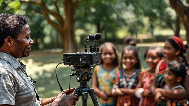 A photorealistic, professional photography shot of a researcher carefully setting up a portable audio recorder and two small, unobtrusive microphones on a tripod in a shaded outdoor setting, with a few curious but comfortable indigenous community members (including children and adults) observing from a respectful distance, some smiling. The focus is on the calm, collaborative interaction. 8K, cinematic lighting, sharp focus on the equipment and faces, depth of field, shot on a high-end DSLR.