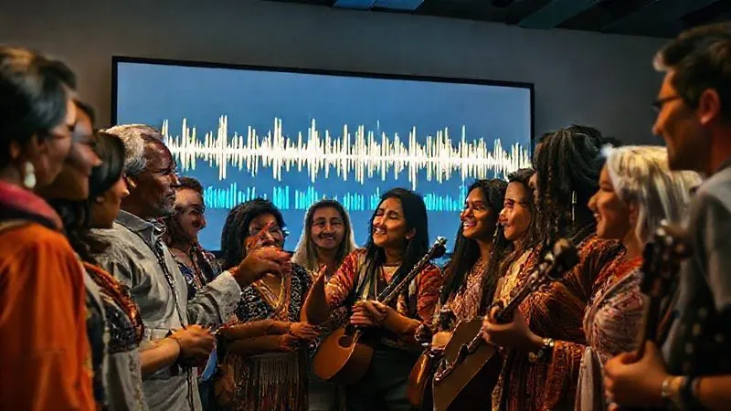 A vibrant, photorealistic, professional photography shot of a diverse group of people – indigenous community members of various ages and researchers – gathered around a large, illuminated screen displaying audio waveforms. They are engaged in animated discussion, pointing and smiling, some holding traditional instruments. The atmosphere is one of shared learning, collaboration, and mutual respect. 8K, cinematic lighting, sharp focus on the faces and screen, depth of field, shot on a high-end DSLR.