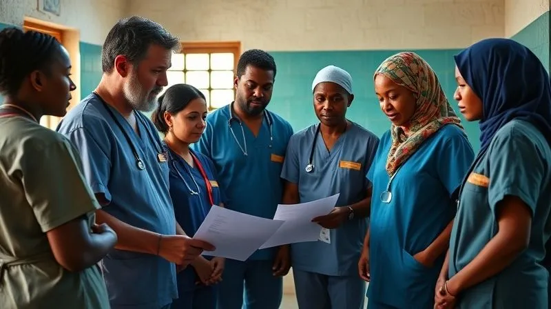 A photorealistic image of a diverse group of medical volunteers in scrubs, respectfully engaging with local community leaders and healthcare workers in a rural clinic setting. They are sharing ideas and looking at a medical supply inventory list. The scene emphasizes collaboration and cultural exchange, with warm, natural lighting. Professional photography, 8K, cinematic lighting, sharp focus, depth of field, shot on a high-end DSLR.