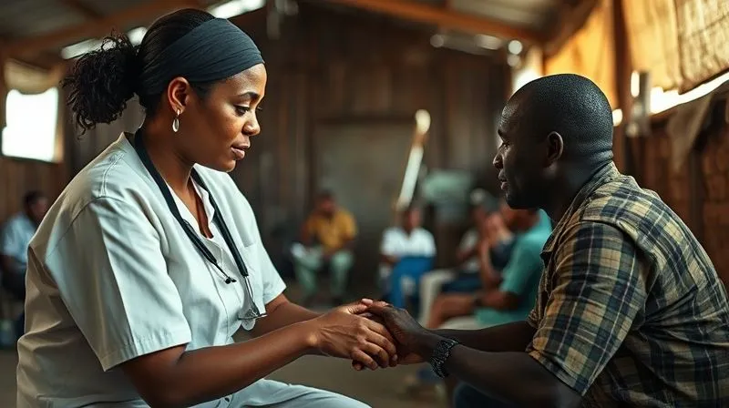 A photorealistic, emotionally resonant image of a medical volunteer gently holding the hand of a patient in a makeshift clinic, with other patients waiting patiently in the background. The scene conveys compassion amidst scarcity, with soft, warm lighting and a focused depth of field on the interaction. Professional photography, 8K, cinematic lighting, sharp focus, depth of field, shot on a high-end DSLR.