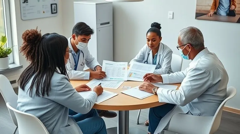 A photorealistic image of a diverse group of medical volunteers and local healthcare professionals sitting around a table, engaged in a serious discussion, reviewing charts and data. The atmosphere is one of collaboration and thoughtful decision-making, with clear communication and mutual respect. Professional photography, 8K, cinematic lighting, sharp focus, depth of field, shot on a high-end DSLR.