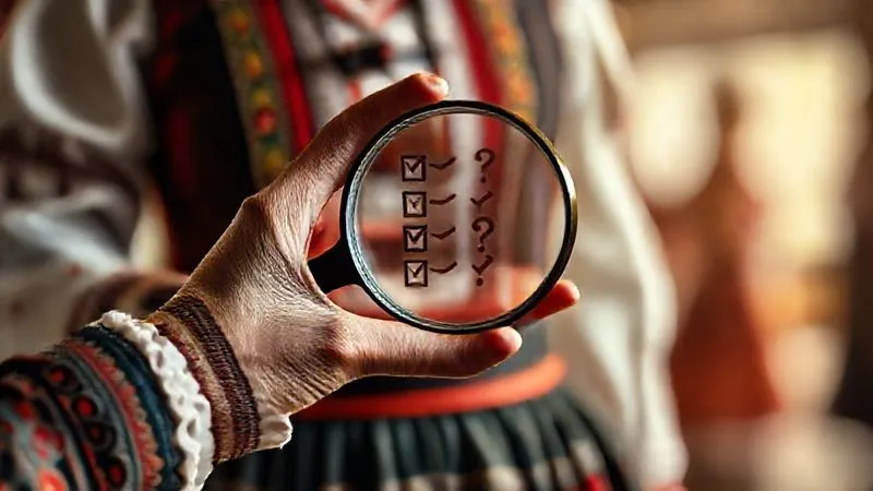 Photorealistic image of a hand holding a magnifying glass over a traditional folk dance costume, with a subtle, reflective overlay of a checklist or question marks, symbolizing critical self-assessment and ethical review. Cinematic lighting, 8K, sharp focus. Photorealistic image of a hand holding a magnifying glass over a traditional folk dance costume, with a subtle, reflective overlay of a checklist or question marks, symbolizing critical self-assessment and ethical review. Cinematic lighting, 8K, sharp focus.