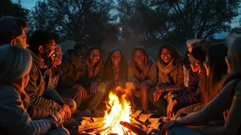 Photorealistic image of a diverse group of people, including travelers and local community members, gathered in a circle, sharing stories and laughter around a warm fire at dusk. Faces are illuminated by the firelight, conveying connection and cultural exchange. 8K, cinematic lighting, sharp focus. Photorealistic image of a diverse group of people, including travelers and local community members, gathered in a circle, sharing stories and laughter around a warm fire at dusk. Faces are illuminated by the firelight, conveying connection and cultural exchange. 8K, cinematic lighting, sharp focus.