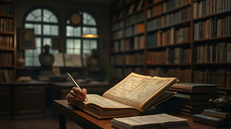 A photorealistic image of a researcher meticulously studying ancient texts and maps in a dimly lit, traditional library, surrounded by cultural artifacts. Soft, warm light illuminates the desk, emphasizing the deep focus and dedication. 8K, professional photography, sharp focus, depth of field, shot on a high-end DSLR. A photorealistic image of a researcher meticulously studying ancient texts and maps in a dimly lit, traditional library, surrounded by cultural artifacts. Soft, warm light illuminates the desk, emphasizing the deep focus and dedication. 8K, professional photography, sharp focus, depth of field, shot on a high-end DSLR.