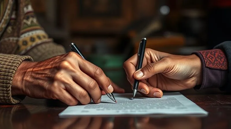 A photorealistic image of two hands, one weathered and elderly from an indigenous community, the other younger and holding a pen, poised over a document. Their eyes meet in a gesture of serious, respectful contemplation and discussion, not just signing. The background is a humble, culturally rich interior. 8K, professional photography, sharp focus, depth of field, shot on a high-end DSLR. A photorealistic image of two hands, one weathered and elderly from an indigenous community, the other younger and holding a pen, poised over a document. Their eyes meet in a gesture of serious, respectful contemplation and discussion, not just signing. The background is a humble, culturally rich interior. 8K, professional photography, sharp focus, depth of field, shot on a high-end DSLR.