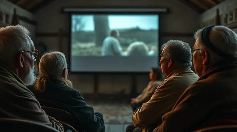 A photorealistic image of a small group of indigenous community elders and a filmmaker intently watching a documentary film on a projector screen in a humble, community hall. Their faces show contemplation and engagement, indicating a collaborative review process. Soft, ambient lighting, creating a respectful atmosphere. 8K, professional photography, sharp focus, depth of field, shot on a high-end DSLR. A photorealistic image of a small group of indigenous community elders and a filmmaker intently watching a documentary film on a projector screen in a humble, community hall. Their faces show contemplation and engagement, indicating a collaborative review process. Soft, ambient lighting, creating a respectful atmosphere. 8K, professional photography, sharp focus, depth of field, shot on a high-end DSLR.