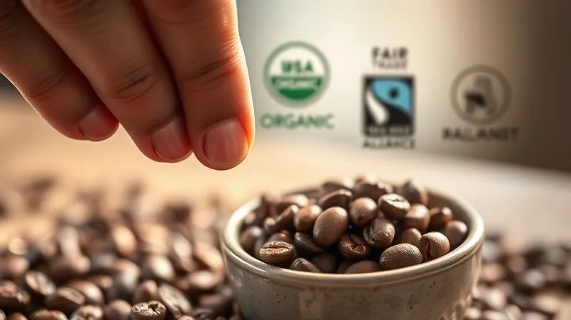 A close-up, photorealistic, professional photography, 8K, cinematic lighting, sharp focus, depth of field, shot on a high-end DSLR, of a hand gently cupping a small bowl of freshly roasted coffee beans, evaluating their aroma. In the softly blurred background, various subtle icons representing coffee certifications like Organic, Fair Trade, and Rainforest Alliance are visible, emphasizing the holistic approach to quality beyond just taste. The light is warm and inviting.
