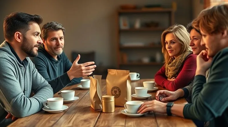 A photorealistic, professional photography, 8K, cinematic lighting, sharp focus, depth of field, shot on a high-end DSLR, of a group of diverse friends gathered around a rustic wooden table, sharing cups of freshly brewed coffee. One person is animatedly telling a story, gesturing towards a beautifully designed coffee bag on the table, while the others listen with engaged expressions, conveying a sense of shared experience and appreciation for the coffee's origin. Warm, natural light fills the scene.