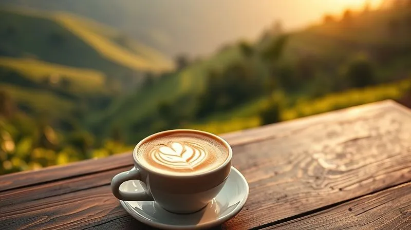 A photorealistic, professional photography, 8K, cinematic lighting, sharp focus, depth of field, shot on a high-end DSLR, of a beautifully crafted cup of steaming coffee, with a delicate latte art design, sitting on a rustic wooden table. In the softly blurred background, the lush, green slopes of a coffee plantation are visible under a warm, inviting light, symbolizing the journey from farm to cup and the reward of ethical sourcing. The scene evokes tranquility and deep appreciation.