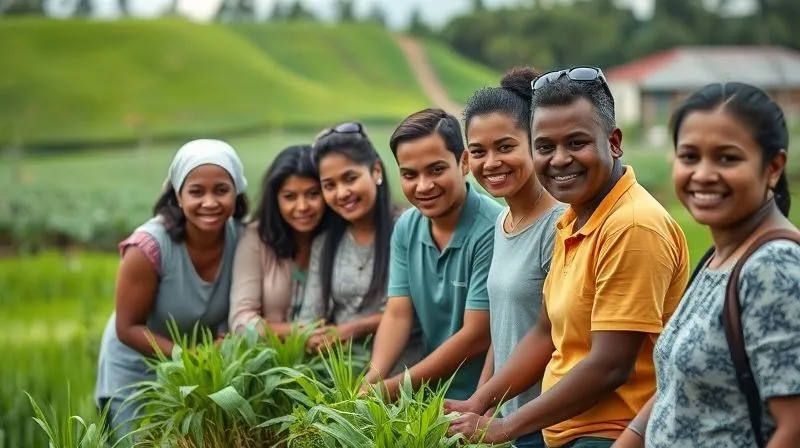 Photorealistic, professional photography, 8K, cinematic lighting, sharp focus, depth of field, shot on a high-end DSLR. A diverse group of local community members and corporate volunteers smiling and collaborating on a small-scale sustainable agriculture project, with a clear sense of mutual respect and shared purpose. Lush green fields and a traditional village in the background. Photorealistic, professional photography, 8K, cinematic lighting, sharp focus, depth of field, shot on a high-end DSLR. A diverse group of local community members and corporate volunteers smiling and collaborating on a small-scale sustainable agriculture project, with a clear sense of mutual respect and shared purpose. Lush green fields and a traditional village in the background.