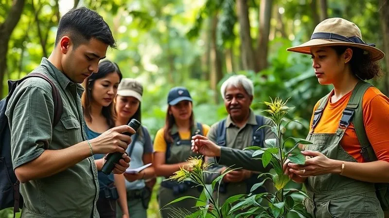 Photorealistic, professional photography, 8K, cinematic lighting, sharp focus, depth of field, shot on a high-end DSLR. A diverse team of corporate volunteers, dressed in practical gear, intently learning from a local environmental scientist in a lush forest. One volunteer is using a scientific instrument, another is taking notes, and the scientist points to a plant, conveying skilled, collaborative work. Photorealistic, professional photography, 8K, cinematic lighting, sharp focus, depth of field, shot on a high-end DSLR. A diverse team of corporate volunteers, dressed in practical gear, intently learning from a local environmental scientist in a lush forest. One volunteer is using a scientific instrument, another is taking notes, and the scientist points to a plant, conveying skilled, collaborative work.