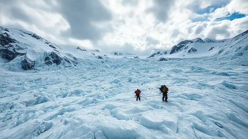 A photorealistic, professional photography, 8K, cinematic lighting, sharp focus, depth of field, shot on a high-end DSLR image of a small team of climbers navigating a heavily crevassed glacier under a dramatic, cloudy sky, highlighting the vastness and the treacherous nature of the environment. The climbers are roped together, moving cautiously. A photorealistic, professional photography, 8K, cinematic lighting, sharp focus, depth of field, shot on a high-end DSLR image of a small team of climbers navigating a heavily crevassed glacier under a dramatic, cloudy sky, highlighting the vastness and the treacherous nature of the environment. The climbers are roped together, moving cautiously.