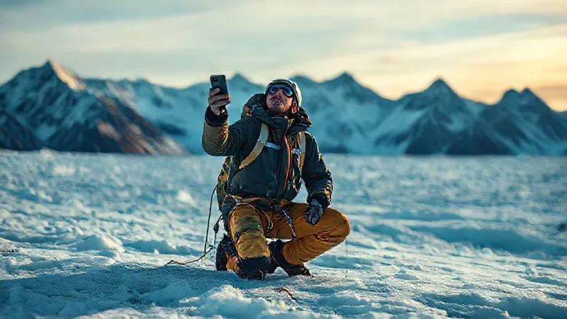 A photorealistic, professional photography, 8K, cinematic lighting, sharp focus, depth of field, shot on a high-end DSLR image of a climber kneeling on a glacier, holding a satellite phone or inReach device up to the sky, trying to get a signal. The background shows dramatic, remote mountain scenery, emphasizing the isolation. A photorealistic, professional photography, 8K, cinematic lighting, sharp focus, depth of field, shot on a high-end DSLR image of a climber kneeling on a glacier, holding a satellite phone or inReach device up to the sky, trying to get a signal. The background shows dramatic, remote mountain scenery, emphasizing the isolation.