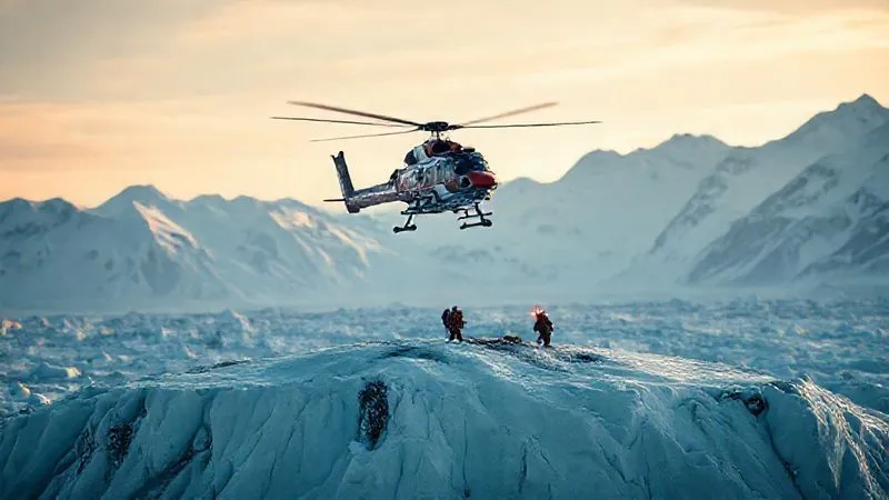 A photorealistic, professional photography, 8K, cinematic lighting, sharp focus, depth of field, shot on a high-end DSLR image of a rescue helicopter hovering above a small, cleared landing zone on a remote glacier. Rescue personnel are visible near the helicopter, with a snow-capped mountain range in the background. The scene is dramatic and urgent, showcasing the power and precision of air rescue. A photorealistic, professional photography, 8K, cinematic lighting, sharp focus, depth of field, shot on a high-end DSLR image of a rescue helicopter hovering above a small, cleared landing zone on a remote glacier. Rescue personnel are visible near the helicopter, with a snow-capped mountain range in the background. The scene is dramatic and urgent, showcasing the power and precision of air rescue.
