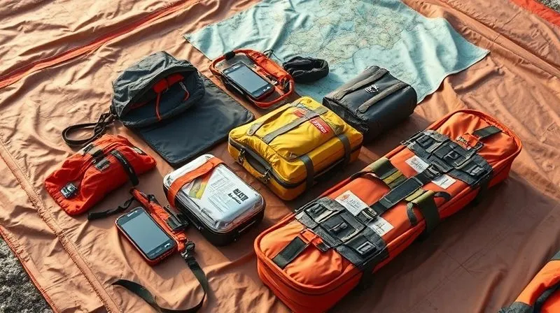 A photorealistic, professional photography, 8K image of specialized high-altitude wilderness medical and rescue gear meticulously laid out on a clean tarp, including a satellite phone, medical trauma kit, lightweight stretcher, and emergency shelter, cinematic lighting highlighting textures, sharp focus, depth of field blurring a subtle map in the background, shot on a high-end DSLR.