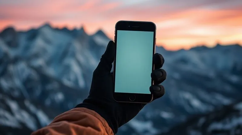 A photorealistic, professional photography, 8K image of a gloved hand holding a satellite phone against a dramatic backdrop of a remote, snow-capped mountain range at dusk, the screen faintly glowing, cinematic lighting, sharp focus on the satellite phone and hand, depth of field blurring the vast wilderness, shot on a high-end DSLR.