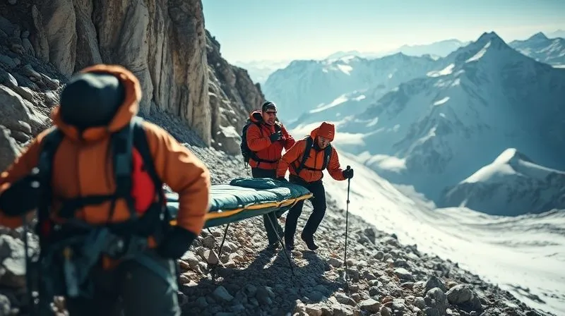 A photorealistic, professional photography, 8K image of a small, determined mountain rescue team carefully navigating a challenging, rocky high-altitude trail, carrying a patient securely strapped to a lightweight stretcher, intense cinematic lighting casting long shadows, sharp focus on the faces and effort, depth of field blurring the distant peaks, shot on a high-end DSLR.
