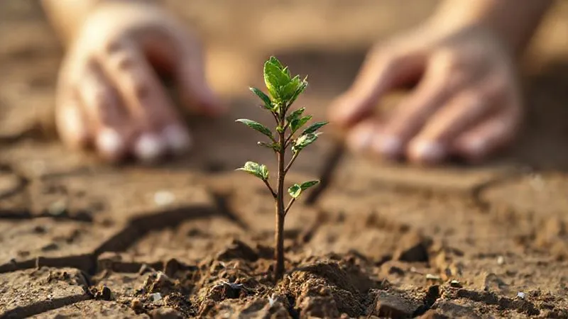 Photorealistic, professional photography, 8K, cinematic lighting, sharp focus on a single, struggling young tree sapling in dry, cracked earth, with blurred, out-of-focus hands in the background, depth of field, shot on a high-end DSLR, conveying the fragility of early conservation efforts and the need for long-term care.