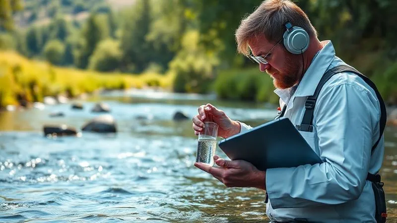 Photorealistic, professional photography, 8K, cinematic lighting, sharp focus on a field scientist meticulously collecting water samples from a pristine river, with clear scientific instruments visible, a digital tablet for data entry, depth of field blurring a lush, natural landscape in the background, shot on a high-end DSLR, conveying rigorous scientific monitoring.