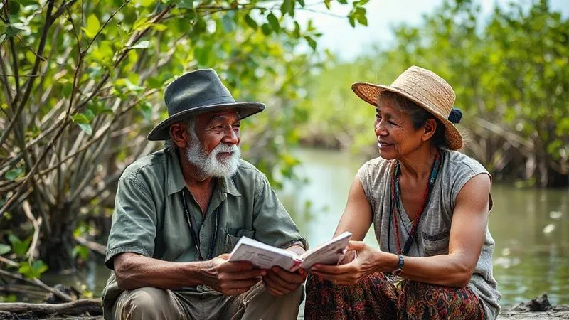 Photorealistic, professional photography, 8K, cinematic lighting, sharp focus on an elderly local community leader sharing stories and insights with a younger conservationist, both sitting by a thriving mangrove forest, their faces showing genuine connection and wisdom, depth of field, shot on a high-end DSLR, conveying intergenerational knowledge transfer and community engagement.