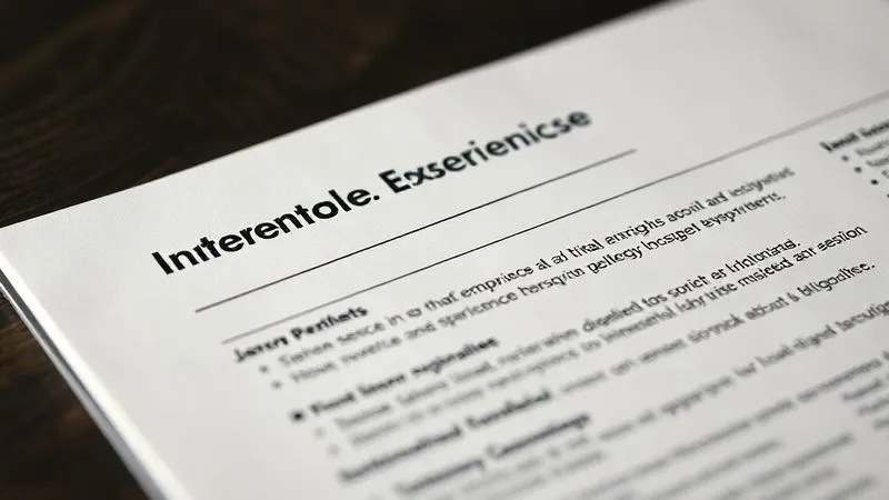 photorealistic, professional photography, 8K, cinematic lighting, sharp focus, depth of field, shot on a high-end DSLR. A close-up shot of a resume, with a section clearly labeled 'International Experience' or 'Global Professional Development', highlighting bullet points of achievements and skills. The text is sharp and readable, demonstrating a well-formatted resume. photorealistic, professional photography, 8K, cinematic lighting, sharp focus, depth of field, shot on a high-end DSLR. A close-up shot of a resume, with a section clearly labeled 'International Experience' or 'Global Professional Development', highlighting bullet points of achievements and skills. The text is sharp and readable, demonstrating a well-formatted resume.
