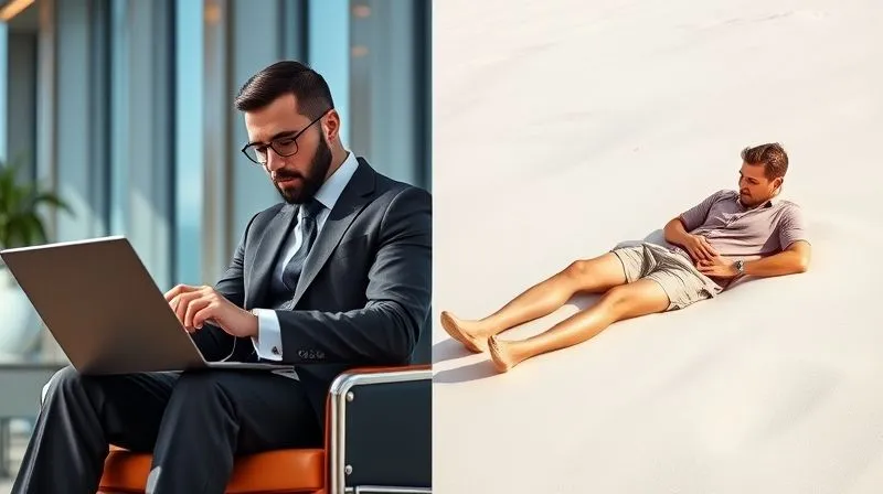 A photorealistic split image: on one side, a business traveler in a suit checking flight prices on a laptop; on the other, the same traveler in casual wear relaxing on a beach, both scenes illuminated by soft, cinematic lighting. 8K hyper-detailed, sharp focus. A photorealistic split image: on one side, a business traveler in a suit checking flight prices on a laptop; on the other, the same traveler in casual wear relaxing on a beach, both scenes illuminated by soft, cinematic lighting. 8K hyper-detailed, sharp focus.