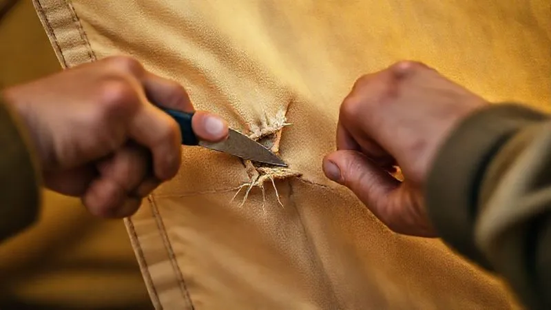 photorealistic, professional photography, 8K, cinematic lighting, sharp focus, depth of field, shot on a high-end DSLR, a person's hand with a utility knife carefully patching a small tear on a beige safari tent canvas, with a focused expression, demonstrating meticulous repair work. photorealistic, professional photography, 8K, cinematic lighting, sharp focus, depth of field, shot on a high-end DSLR, a person's hand with a utility knife carefully patching a small tear on a beige safari tent canvas, with a focused expression, demonstrating meticulous repair work.