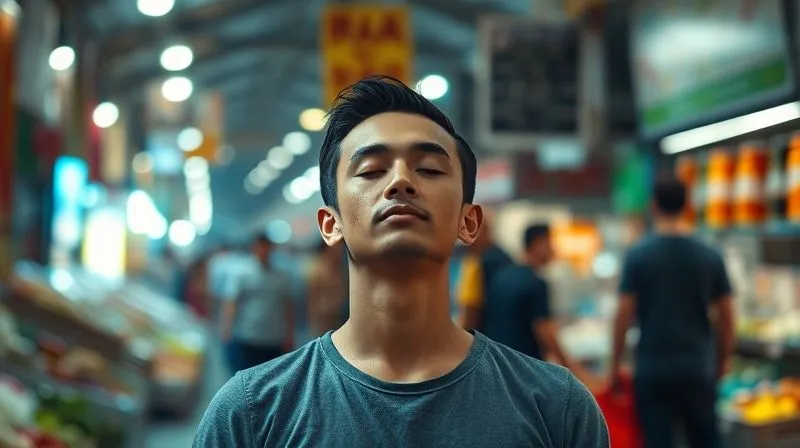 photorealistic, professional photography, 8K, cinematic lighting, sharp focus, depth of field, shot on a high-end DSLR, a person meditating peacefully amidst a vibrant, slightly chaotic international market, soft focus on the market activity in the background, sharp focus on the calm individual, symbolizing inner peace amidst external pressures. photorealistic, professional photography, 8K, cinematic lighting, sharp focus, depth of field, shot on a high-end DSLR, a person meditating peacefully amidst a vibrant, slightly chaotic international market, soft focus on the market activity in the background, sharp focus on the calm individual, symbolizing inner peace amidst external pressures.