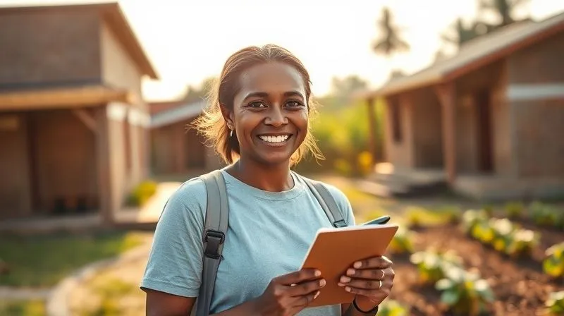 photorealistic, professional photography, 8K, cinematic lighting, sharp focus, depth of field, shot on a high-end DSLR, a volunteer with a warm, confident smile, standing in front of a successful community project (e.g., a newly built school, a thriving garden), holding a small notebook and pen, symbolizing achievement and sustained impact, late afternoon sunlight. photorealistic, professional photography, 8K, cinematic lighting, sharp focus, depth of field, shot on a high-end DSLR, a volunteer with a warm, confident smile, standing in front of a successful community project (e.g., a newly built school, a thriving garden), holding a small notebook and pen, symbolizing achievement and sustained impact, late afternoon sunlight.