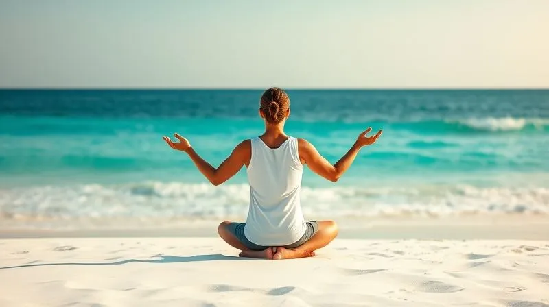 A photorealistic image of an executive practicing gentle yoga poses on a pristine, white sand beach at sunrise, overlooking calm turquoise waters. The scene is bathed in soft, warm light. Professional photography, 8K, cinematic lighting, sharp focus on the individual, depth of field blurring the distant ocean. Shot on a high-end DSLR. A photorealistic image of an executive practicing gentle yoga poses on a pristine, white sand beach at sunrise, overlooking calm turquoise waters. The scene is bathed in soft, warm light. Professional photography, 8K, cinematic lighting, sharp focus on the individual, depth of field blurring the distant ocean. Shot on a high-end DSLR.